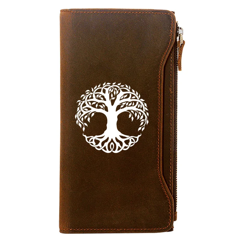 

Classic Fashion Tree of Life Symbol Credit Card Holder Package Genuine Leather Zipper Wallet Men Long Clutch Purse