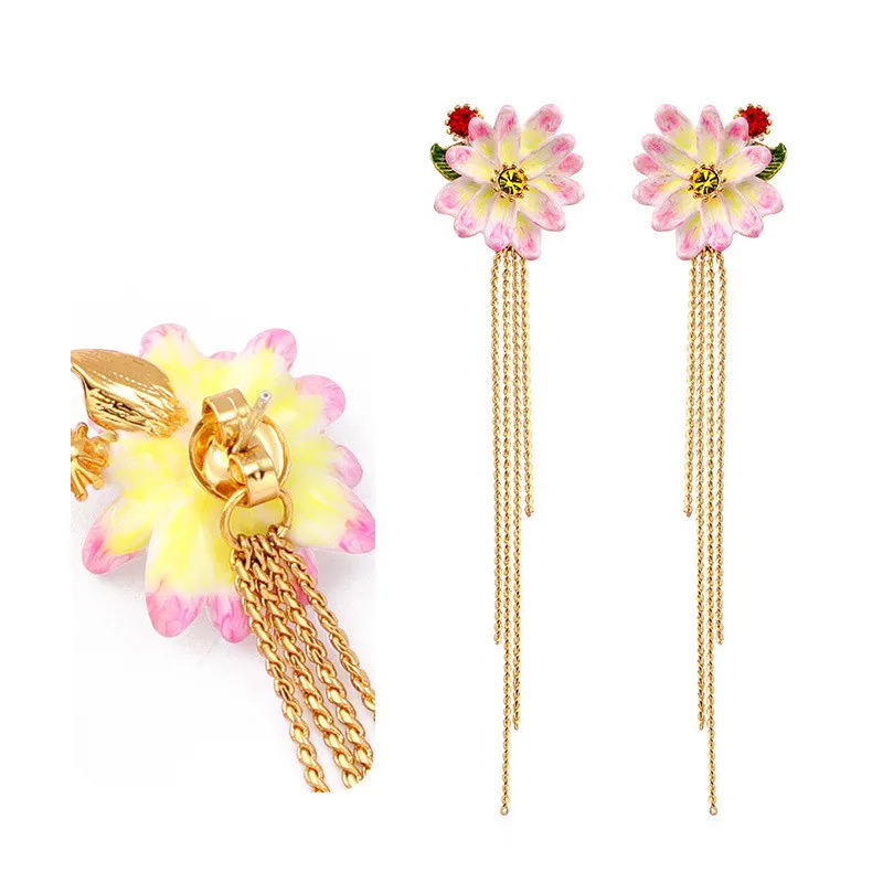 

Japanese and Korean personality long tassel show face thin earrings female hand-painted enamel flowers pierced ear clips