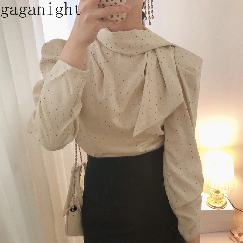 Gaganight винтажная модная женская блузка в горошек с пышными длинными рукавами