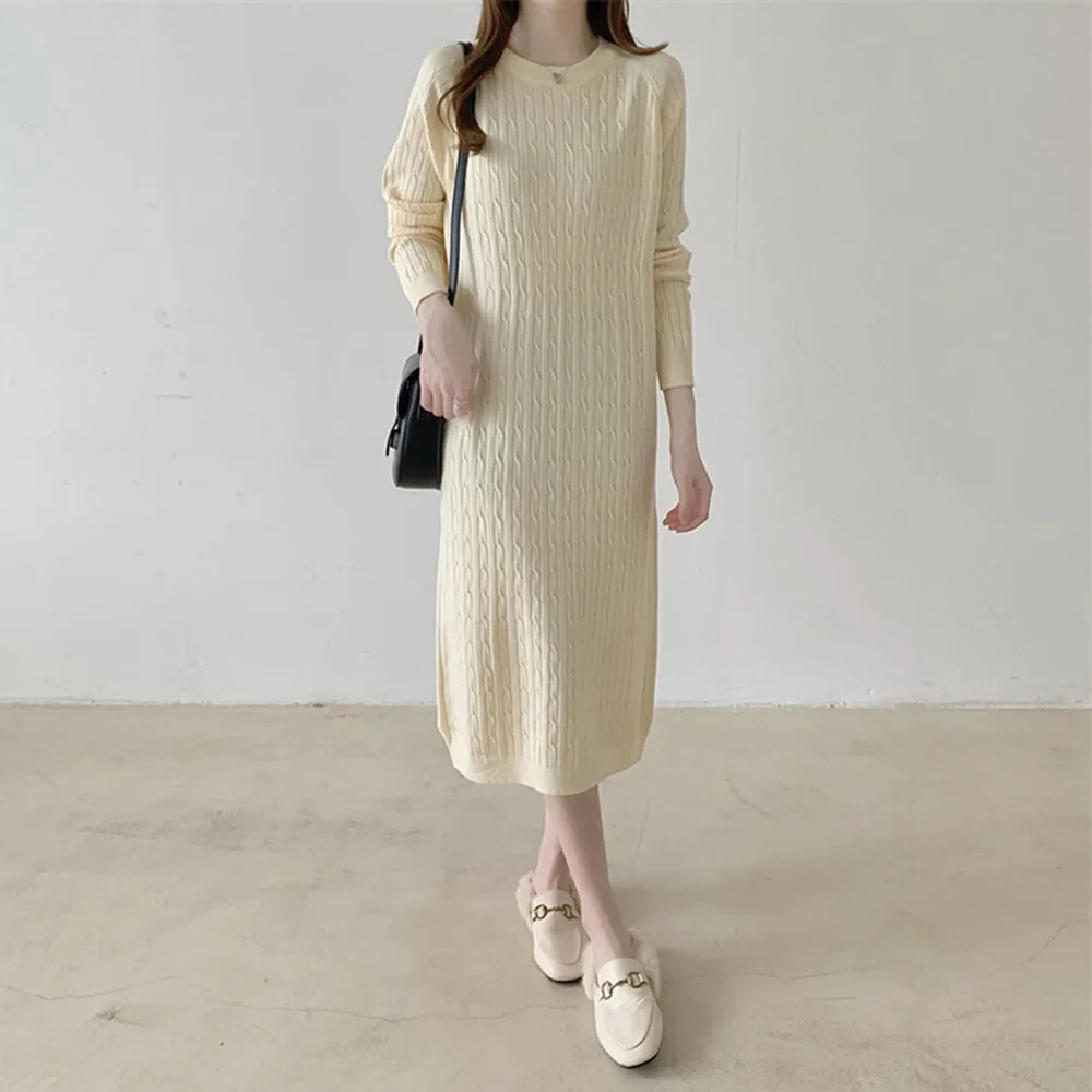 

Autumn Winter Women Clothes Long Base Sweater Dress Korean Fashion Loose Twist Knit Inner Dresses Female Office Lady Elegant