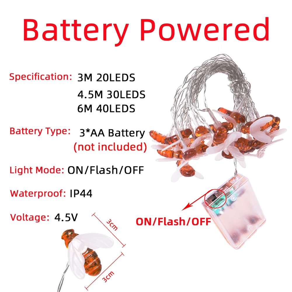 

20LED/30LED/40LED Bee Shaped LED String Lights Battery Operated Christmas Garlands Fairy Lights For Holiday Party Garden Decor