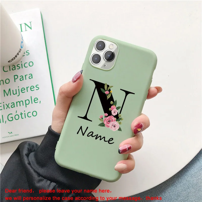 Flowers Diy For iphone 11 12 13 Pro Mini Phone Case Custom Capital Letters Name For X XS Max XR 7 8 Plus SE New Silicone Cover