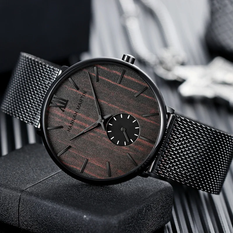 

Men's Watches Luxury Brand Black Steel Mesh Strap Business Quartz Watch Men Waterproof Wooden Dial Ultra-thin Men Sport Watch