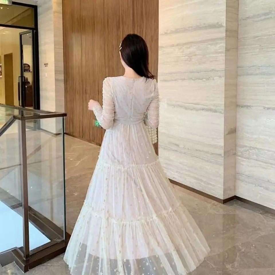 

2021 Spring and Autumn New Ladies Temperament Long-Sleeved V-neck Dress Shiny Star Fairy Mesh Mori Style Large Swing Dress