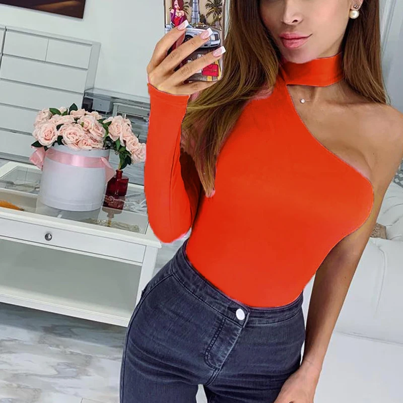 One Shoulder Long Sleeve Sexy Club Bodysuits Red Black White Bodycon Skinny Body Suit Femme Spring Women Halter M0534 |