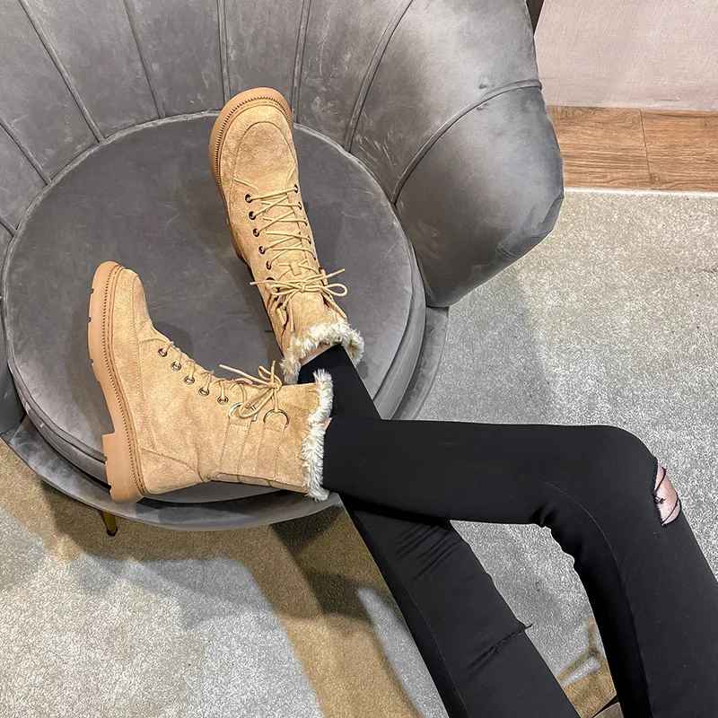 

2020 New Snow Boots Women Mid Tube Thick Velvet Warm Comfortable Cotton Shoes Classic Solid Color Non-slip Lace-up Female Boots