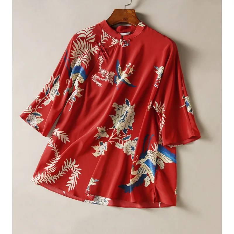 Red Vintage Blouse Women 2020 Chinese Style Loose Print Flower Ladies Tops Hand Button Mandarin Collar Blouses Shirt Haut Femme
