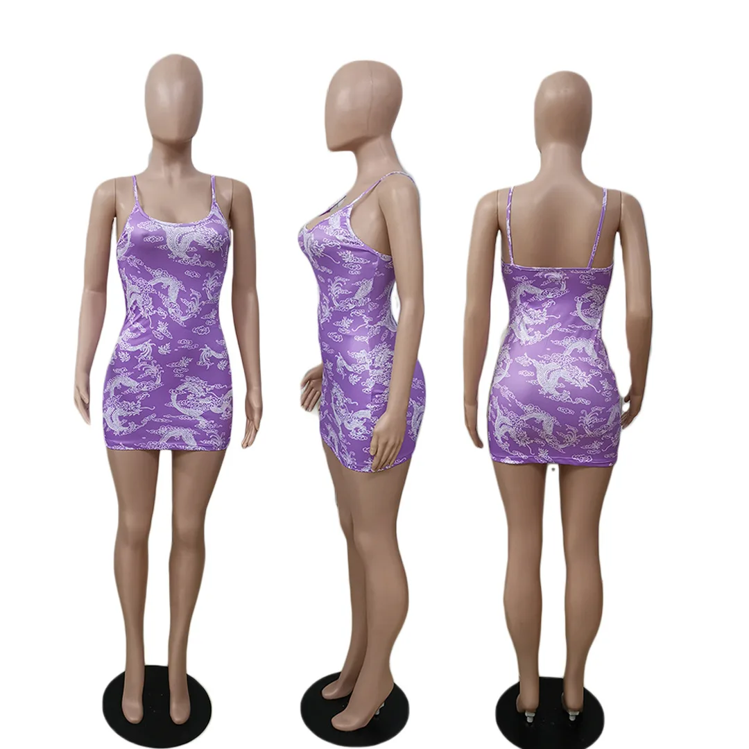 

Women Plus Size Sleeveless Spaghetti Strap Printed Bodycon Mini Dress