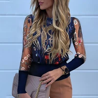 spring women fashion elegant round neck daily wear going out t shirts floral embroidery print long sleeve sheer mesh top