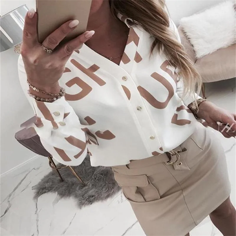 Модная Осенняя Повседневная рубашка 2019 с буквенным принтом на пуговицах женская