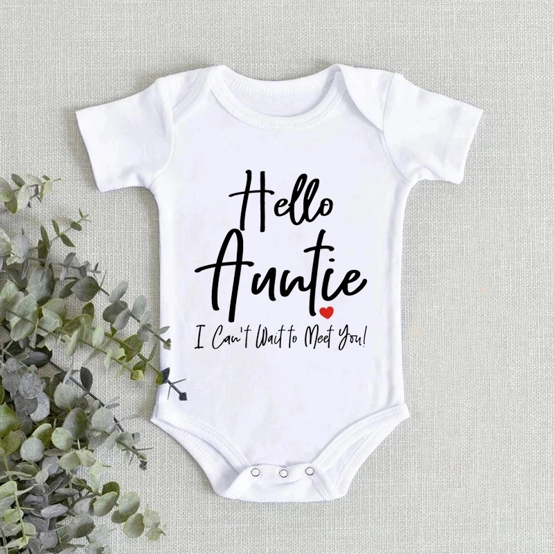 

Hello Auntie I Can't Wait to Meet You Baby Bodysuit Funny Pregnancy Announcement Clothes Baby Romper Onesie Boy Girl shower gift