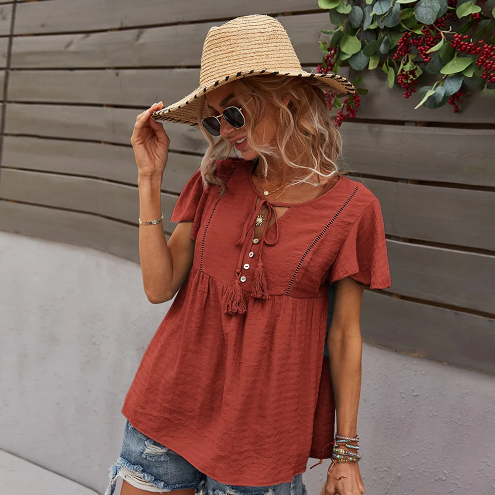 

Donsignet Fashion Women's T-shirt Summer Casual Round Neck Pullover Solid Color Button Loose Holiday Style Short-sleeved T-shirt