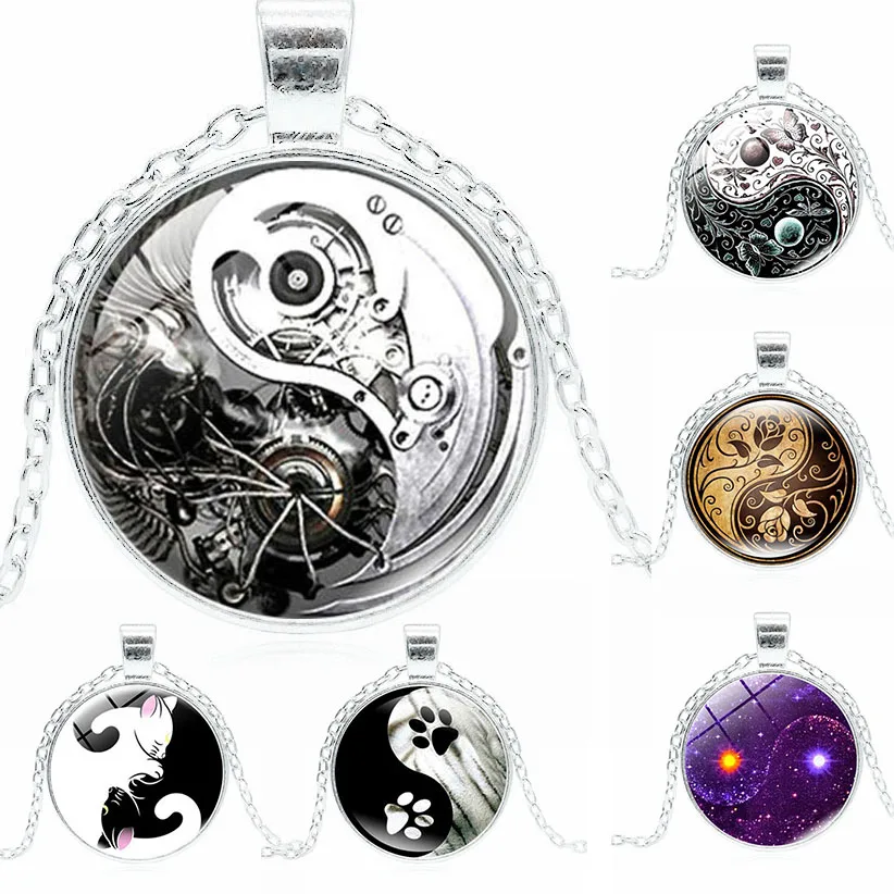 

Chinese Style Black White Gothic Yin Yang Necklace Glass Cabochon Pendant Yoga Zen Jewelry Birthday Christmas Gift for Yoga Love