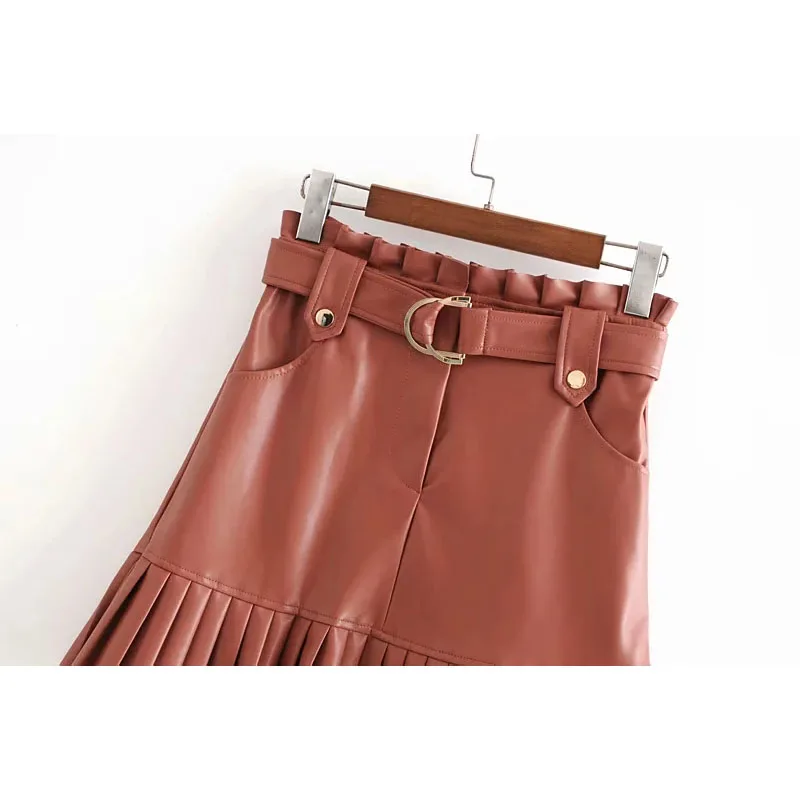 2019 стильное шикарное мини-платье из искусственной кожи с поясом Za Модные женские