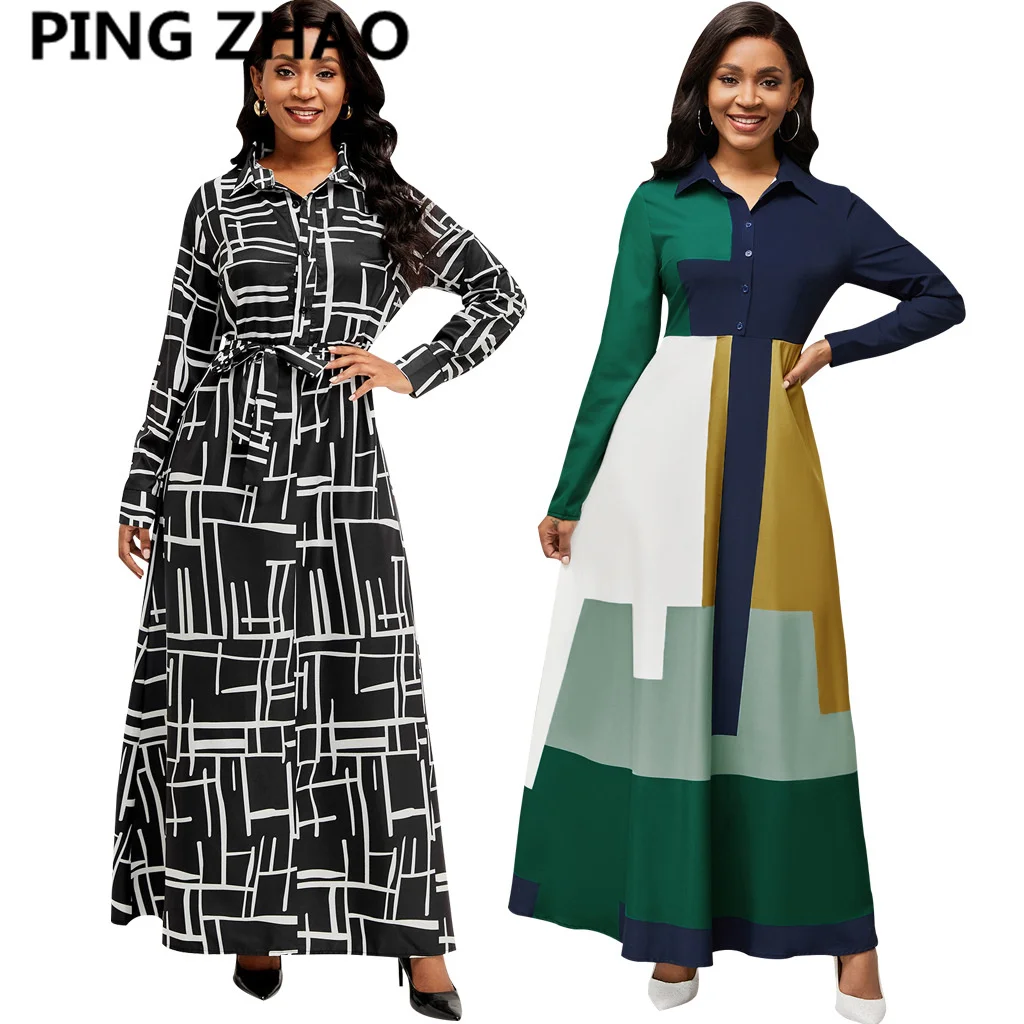 

PING ZHAO Autumn Casual Women Print Maxi Dresses Office Lady Turn Down Collar Long Sleeve High Waist Shirt Robe