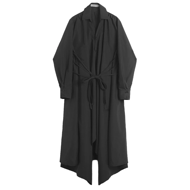 

Male Women Streetwear Vintage Gothic Long Style Japan Kimono Robe Shirt Men Long Sleeve Black White Irregular Rope Shirt Dress