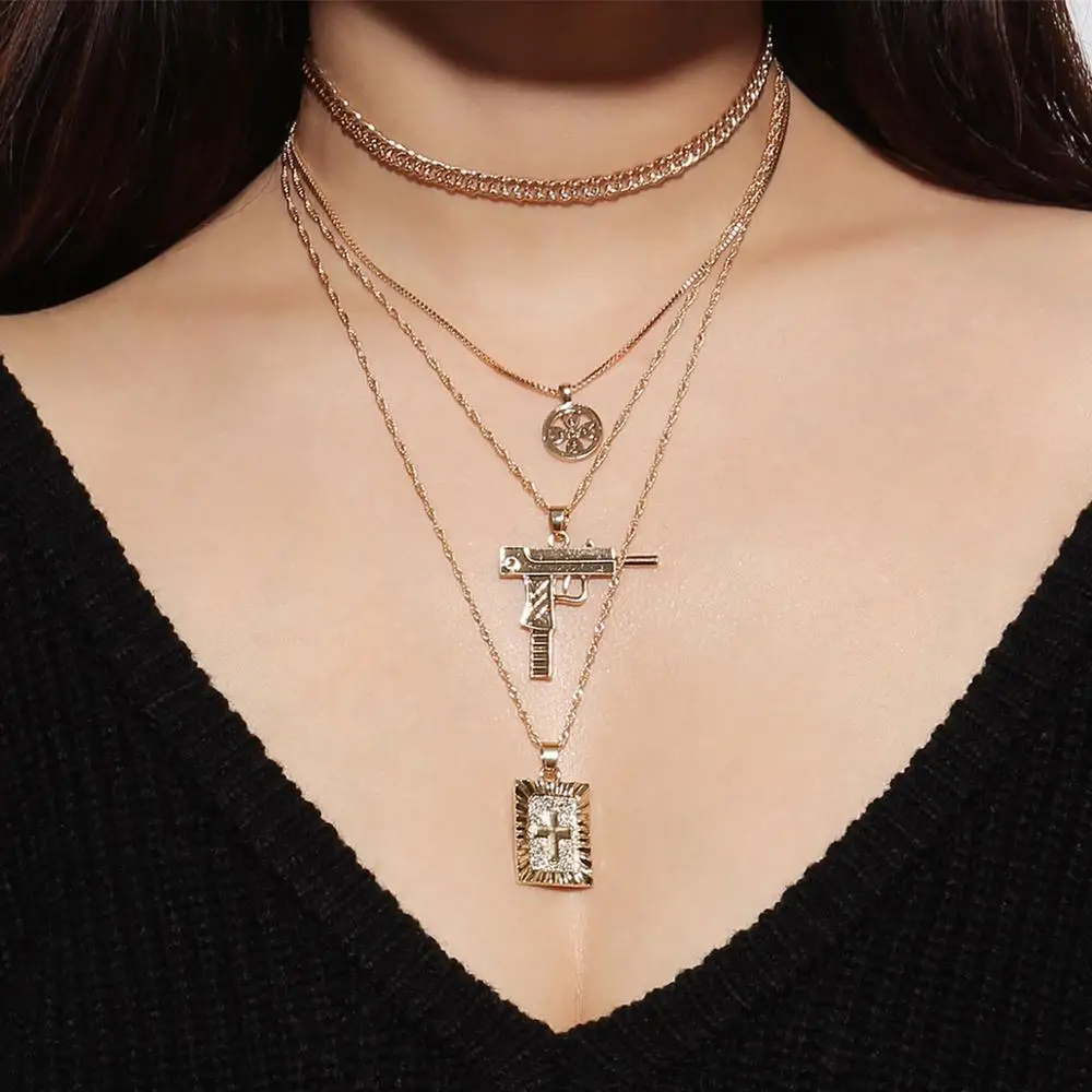 

Exaggerated Multi-Layer Suit Necklace For Women, Portrait/Gun/Jesus Cross Metal Chain Pendant Necklace, Jewelry Gift Necklace.