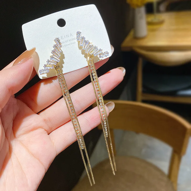 

S925 Silvers Korean Wing Zircon Diamonds Inlaid Dangle Earrings Long Tassel Female Women's Jewellery Wholesale