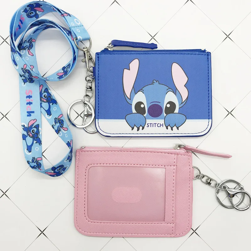 

Disney Stitch PU coin purse card holder keychain key lanyard meal card bus card case coin bag Mickey mouse Document card bag