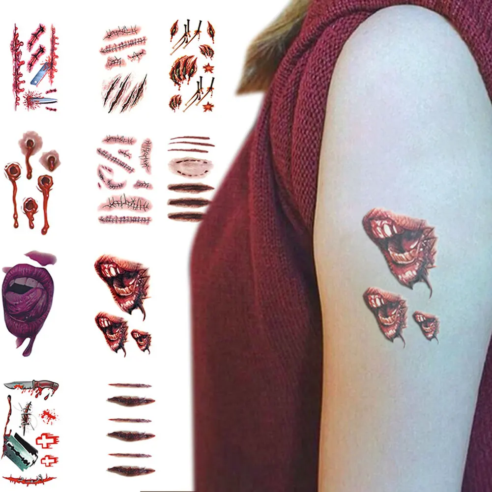 Страшные водостойкие Временные татуировки 3D для шрамов наклейки боди-арта