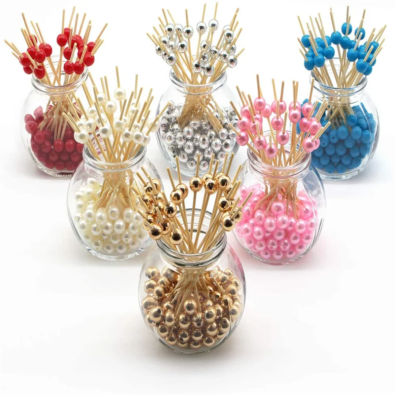 

Gold Pearl Bamboo Cocktail Picks 4.7 Inch Long Fancy Toothpicks for Appetizers Drinks Fruits Party Food Garnish Skewer Sticks 10