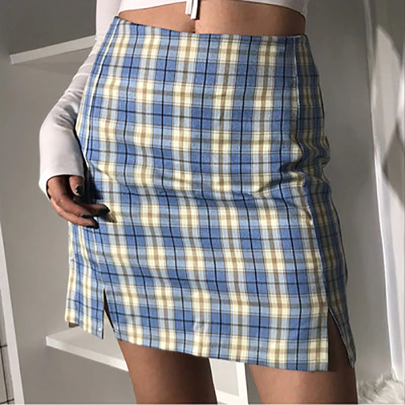 Новинка 2020 Женская разноцветная клетчатая юбка с двумя маленькими передними