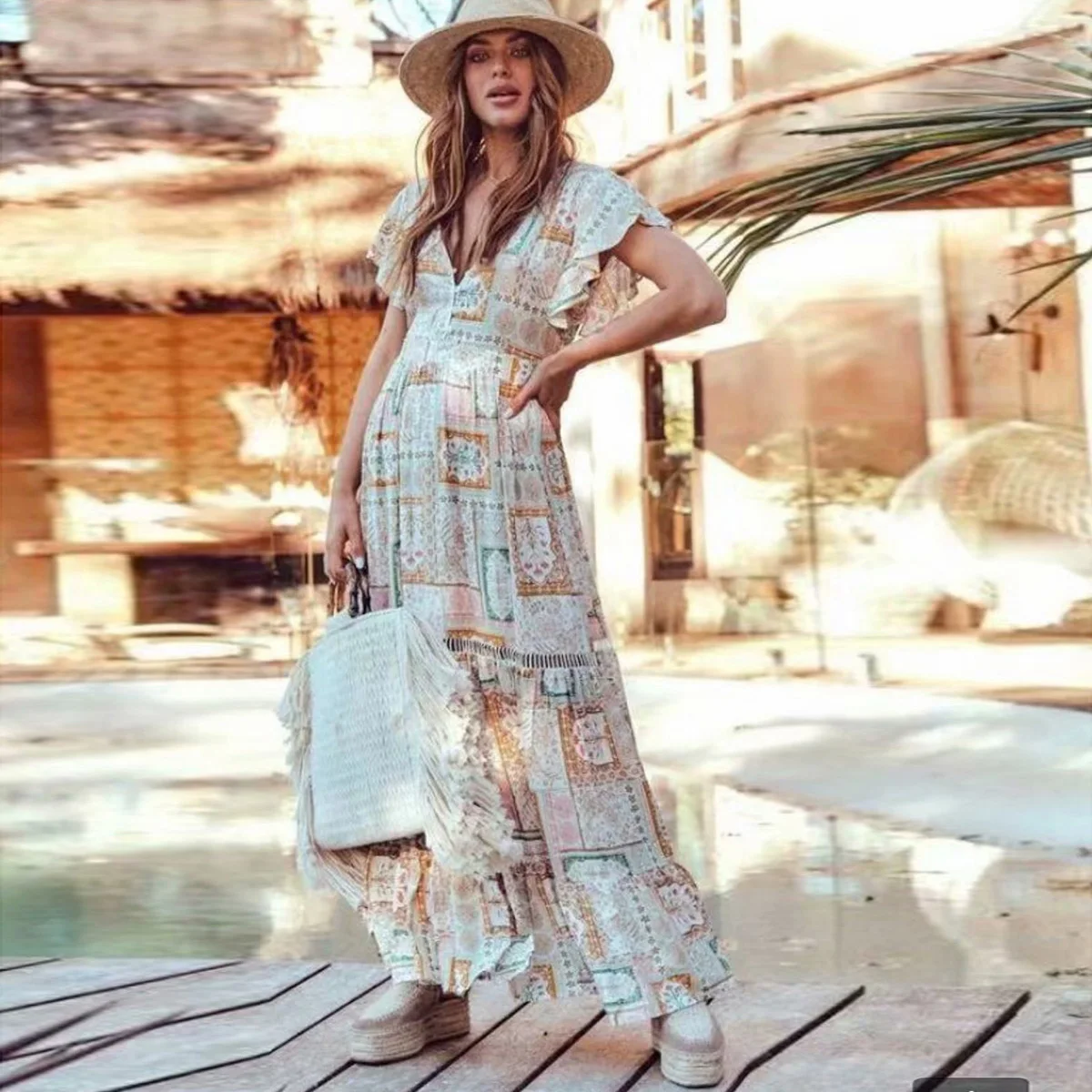 Женское платье с коротким рукавом цветочным принтом и V образным вырезом|Женские