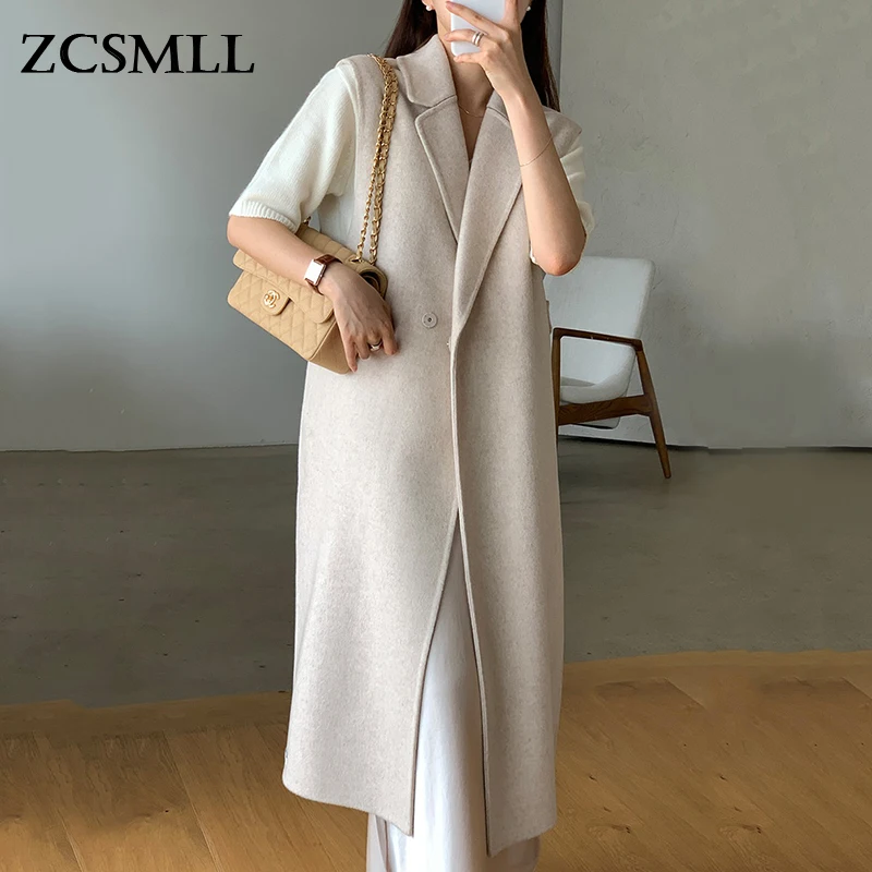 

ZCSMLL корейский шикарный винтажный жилет без рукавов подходящий ко всему костюмный воротник с пряжкой свободный длинный шерстяной жилет с разрезом Женское пальто зима 2021