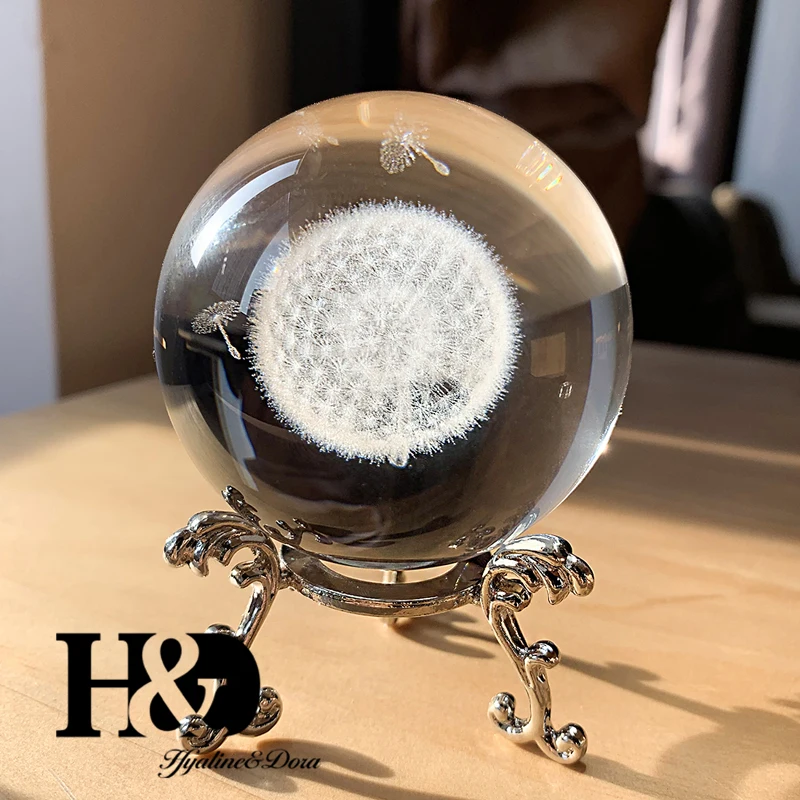 H&D 60 мм 3D шар лазерный хрустальный шар с гравировкой стекло художественное ремесло миниатюрная Сфера домашний Декор Аксессуары Рождественский подарок металлическая подставка