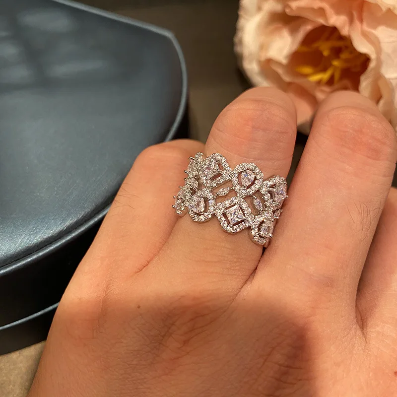 

High Quality Silver Color Wide Version Cubic Zircon Crystal Party Ring Simplicity Fashion Sense Luxury Women's Jewelry