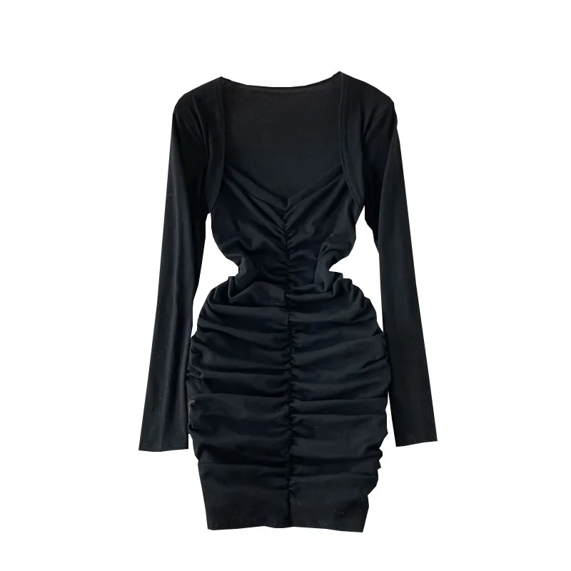 

square collar dress long sleeve spring fashion pure color temperament pleated waist show thin bottom short