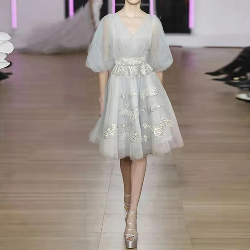 

2021 Autumn Party Dress Fashion Design Solid Puff Sleeve Embroidery Flowers High Quality Mesh Dresses
