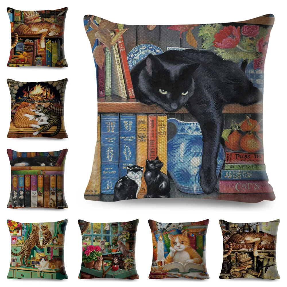 

Cute Book Cat Party Cushion Cover Home Decor Cartoon Animal for Sofa Car Pillowcase Printing Cojines Polyester Pillow Case 45x45