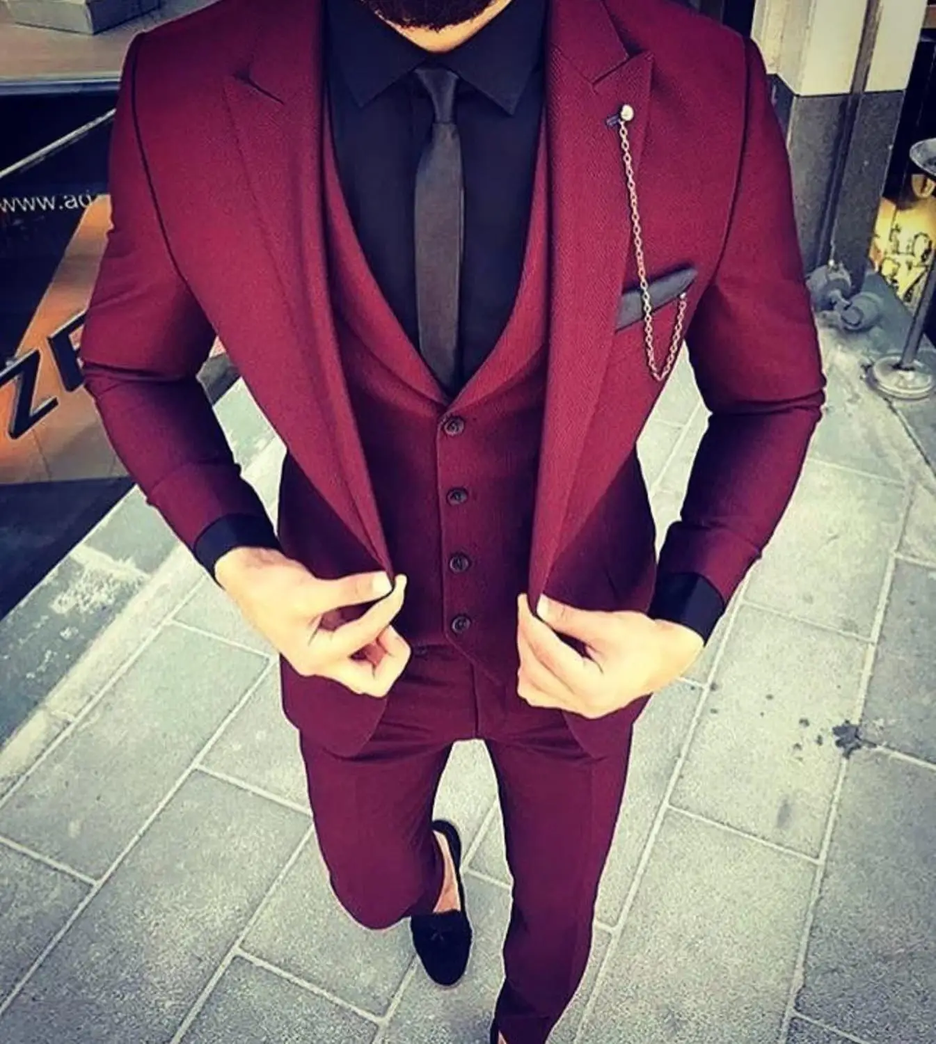 Custom Made Wine Red Slim Fit Wedding Mens Suit Prom Suits 3Pieces(Jacket+Pant+Vest) Groom Tuxedos Men Suit custom made to measure men suit bespoke black tuxedo with red edge and red vest