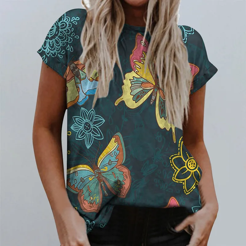 

2021 Ladies New Summer Fashion Temperament Commuter Dragonfly Butterfly Print Pullover Loose Casual Short-Sleeved T-Shirt
