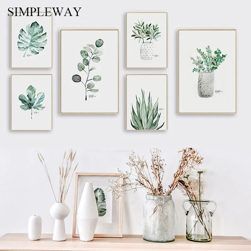 Водяная краска Зеленый лист холста плакат Nordic Wall Art Ботаническая печать живописи скандинавское украшение картина для дома.