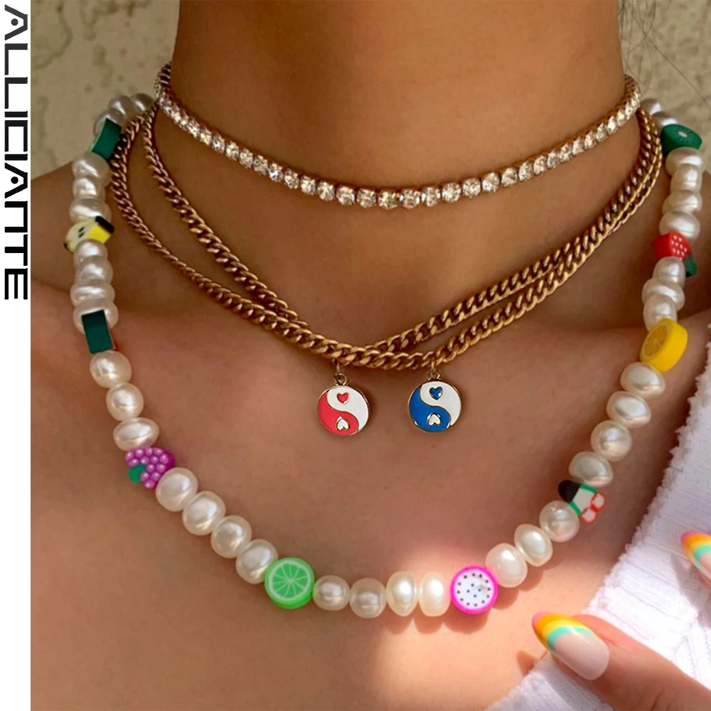 

4 Pcs Boho Colorful Yin Yang Pearls Beaded Necklace For Women Fruits Bead Imitation Pearl Choker crystal Chain Layered Jewelry