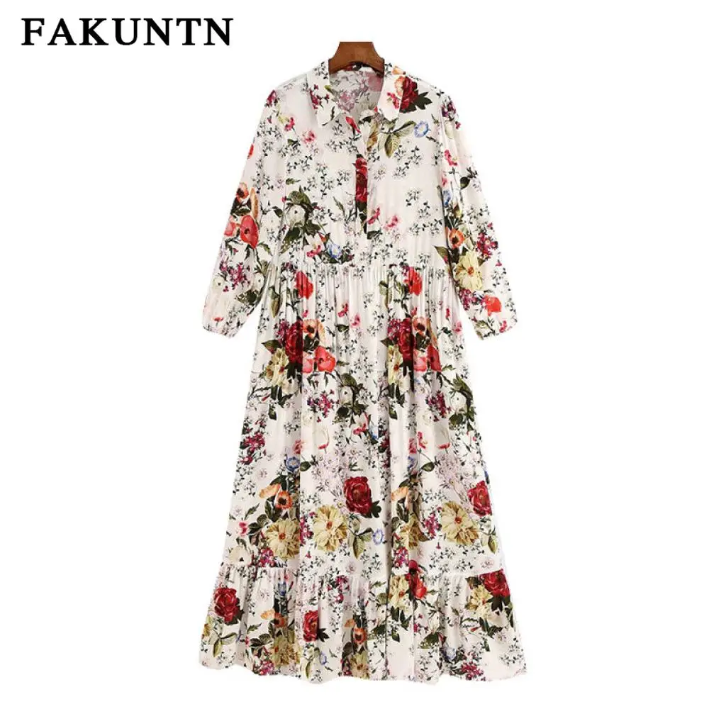 

Women's Dress Women Za 2021 Spring summer fashion Flower Printing Lapel Long-Sleeve Dresses Casual Vintage Elegant Party Dress