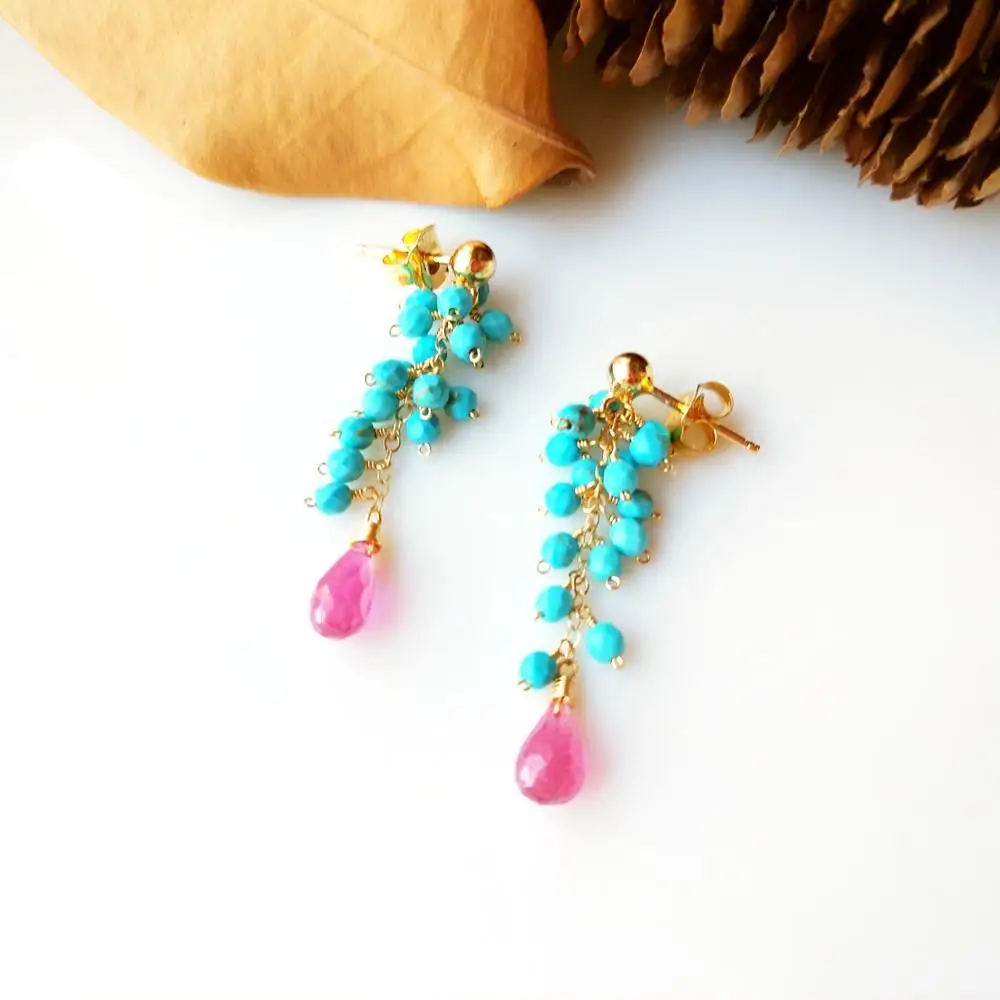 Женские серьги гвоздики Lii Ji розовые сапфировые синие бирюзовые бусины ручной