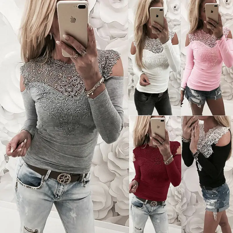 Женский кружевной топ с круглым вырезом длинным рукавом и открытыми плечами 4