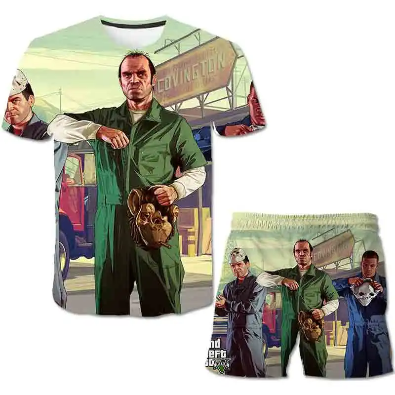 

2021 Summer Grand Theft Auto Gta 5 T Shirt Shorts 2pcs Set Kids Clothes Boys Short Sleeve Suit Boutique children Girls Outfits