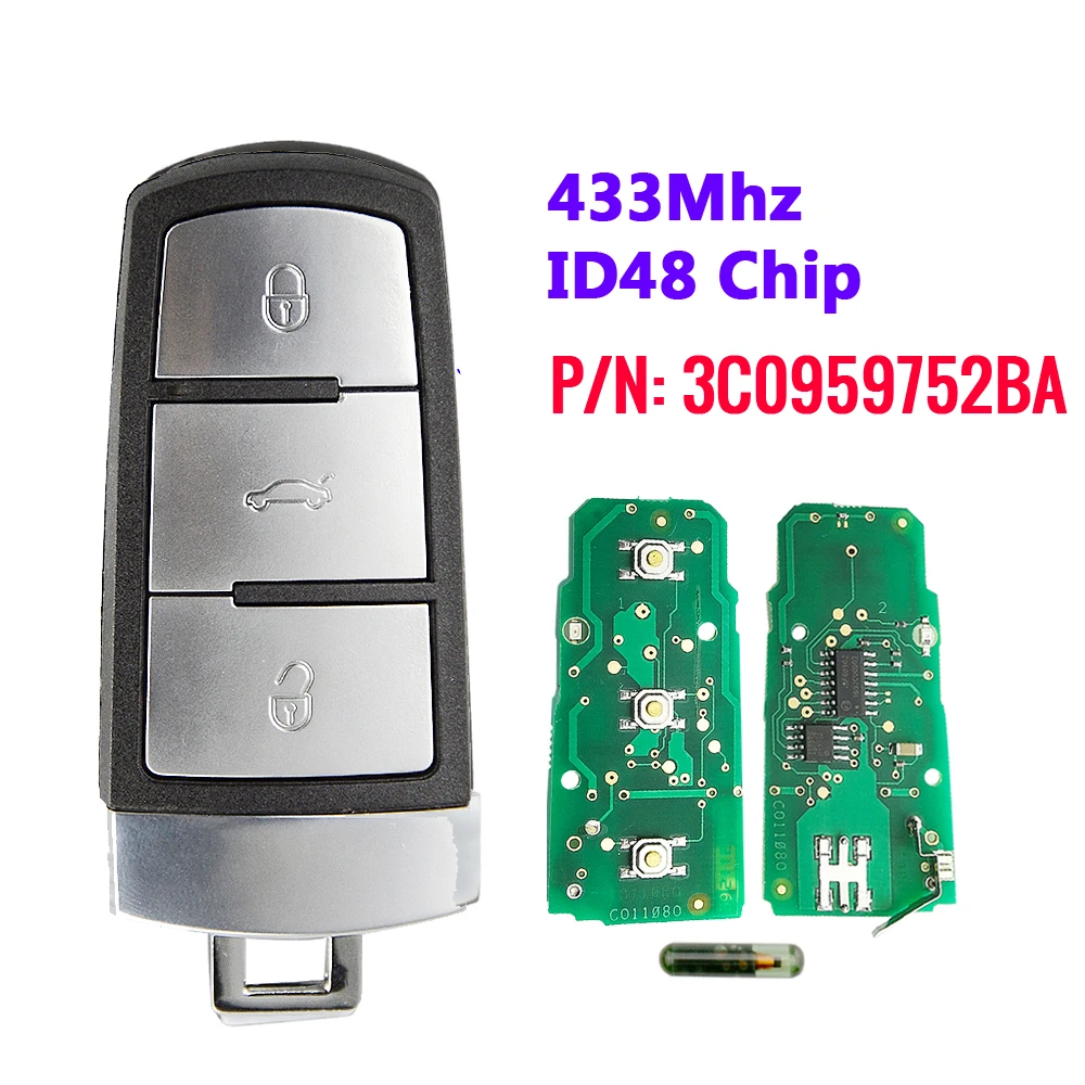 XNRKEY дистанционного ключа 433 МГц для Vw 3 кнопки брелок 3C0959752BA с ID 48 чип (P/N: 3C0 959 752