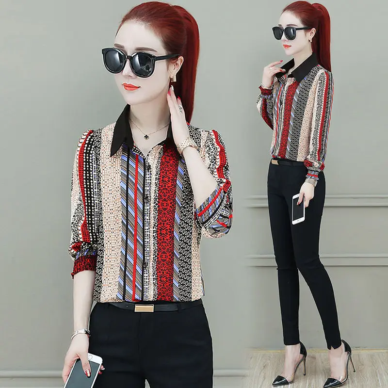 

Loose Plus Size Female Blusas Women's Spring Autumn New Office Lady Top Korean Fashion Bottoming Floral Chiffon Shirt