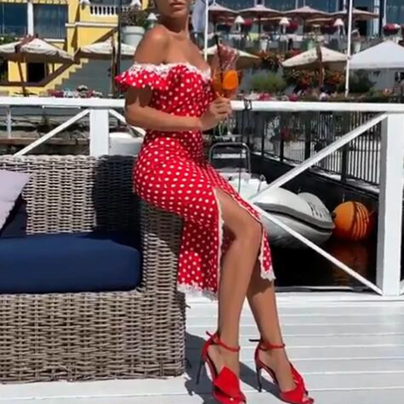 

Women Ruffles Sleeve Polka Dots Print Dress Off Shoulder Side Slit Slim Dress Elegant Bodycon Dresses