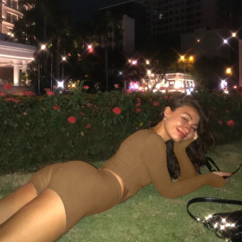 

CHRONSTYLEWomen Sexy Clubwear Party Knitted High Waist Biker Shorts Long Sleeve O-neck Elastic Sweater Crop Top Sport Tracksuit