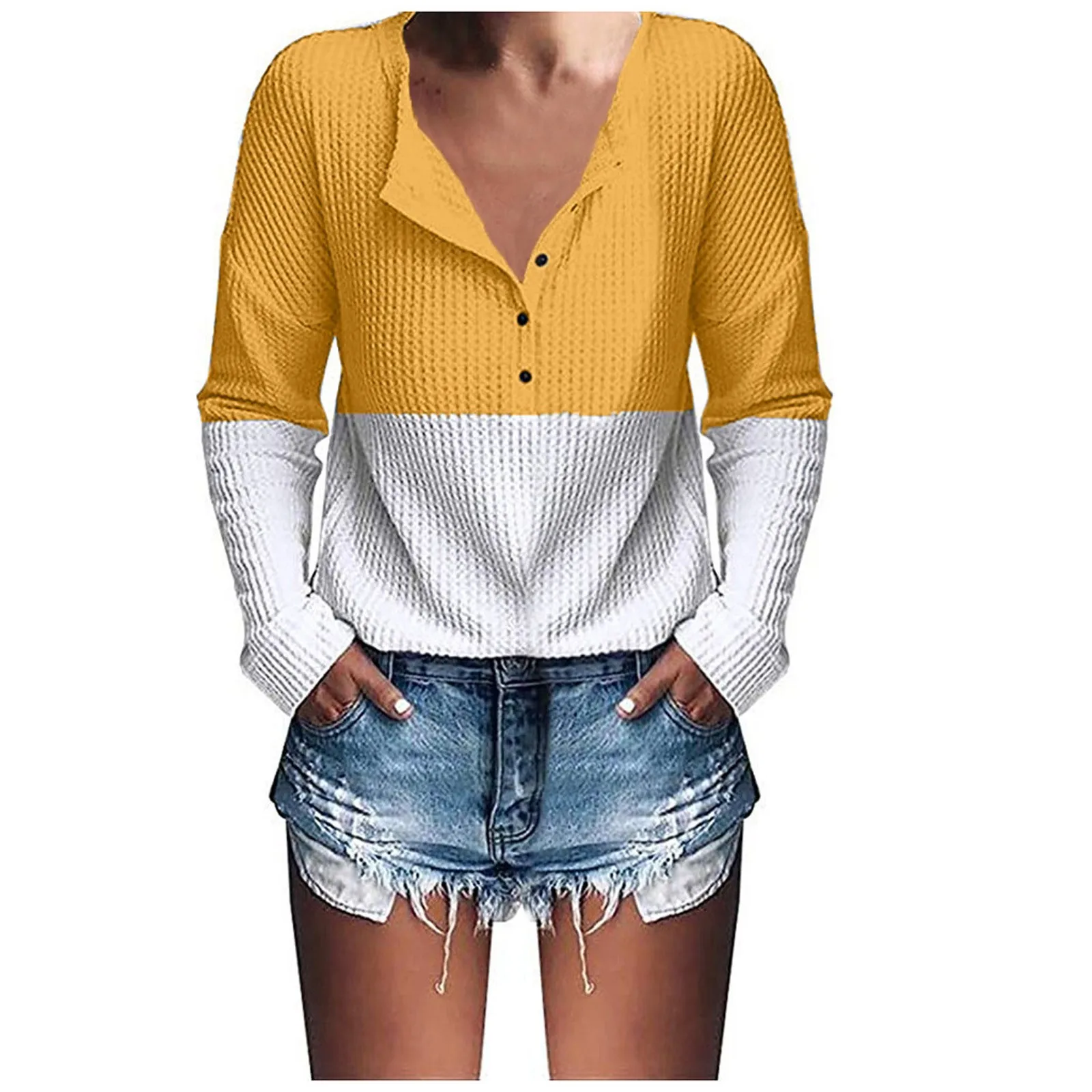 

Женский трикотажный свитер в стиле пэчворк, пуловер с длинным рукавом и V-образным вырезом, Повседневный свитер на пуговицах