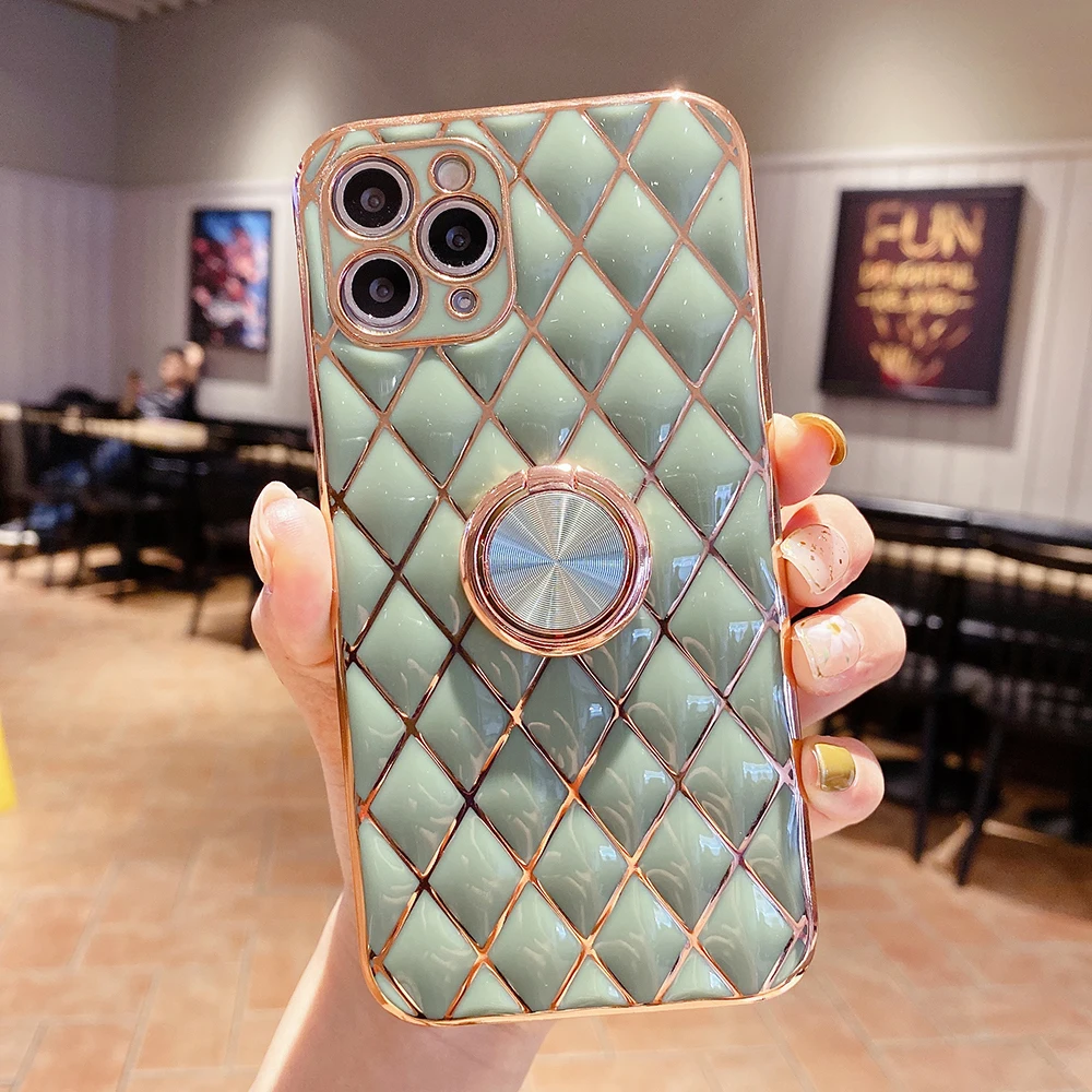 

Luxury Gold Plating Geometric Ring Holder Mobile Phone Case Soft Back Covers For iPhone 11 12 Mini Pro Max XR XS Max 7 8 Plus