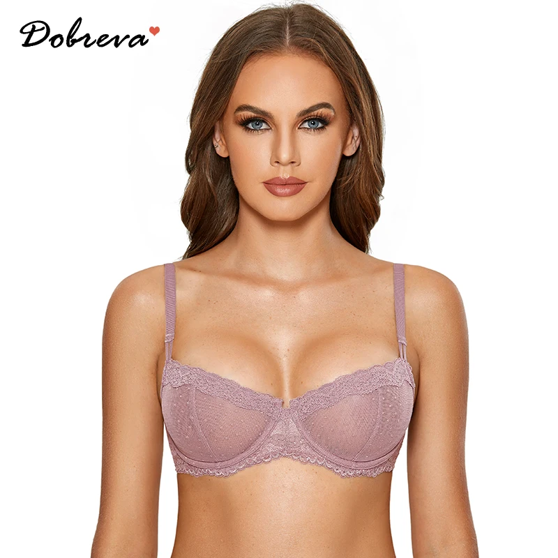 

DOBREVA Women's Sexy Lace Bra Underwire Balconette Unlined Demi Sheer Mesh Plus Size Bralette