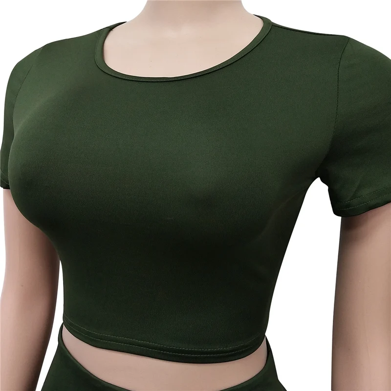 

New Summer backless Shorts and Crop Top Short Sleeve Fitness 2 Piece Set Women Sportswear beachwear