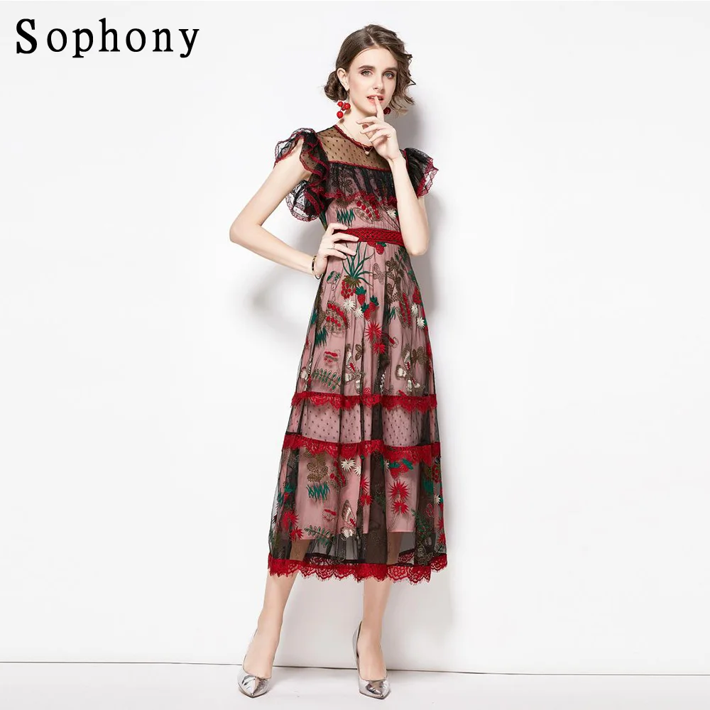 

Женское длинное Сетчатое платье составного кроя с круглым вырезом, оборками в виде листьев лотоса и короткими рукавами, платье с цветочной ...